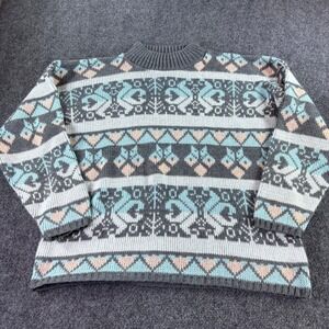 Croquet Club Sweater Womens Med Grey Teal Fair Isle Mock Neck Vintage USA Made